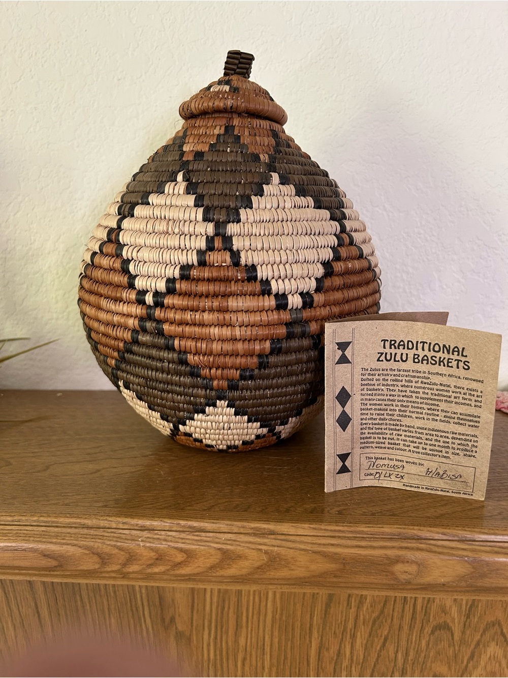 Handwoven Zulu-Style Decorative Woven Basket - Brown, Black & Cream. So Africa